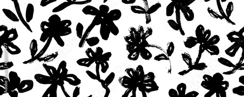 Abstract blooming ink vector seamless pattern. Japanese style grunge flowers black and white texture. Freehand spring blossom natural background. Monochrome creative botanical wallpaper design