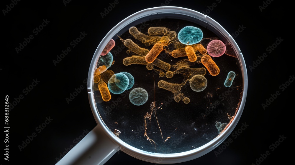 Obraz premium Bacteria under magnifying glass. Petri dishes with vibrant colorful bacterial colonies, representation of microbial growth in a laboratory setting. Scientific and clinical research concept.
