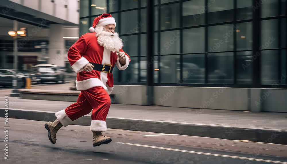 Running Santa Claus through the streets of the city, the concept of Christmas and New Year