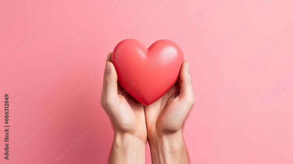 a man holds in his hands a model of a red heart on a pink background, the concept of love, mercy, medicine a man holds in his hands a model of a red heart on a pink background, the concept of love, mercy, medicine