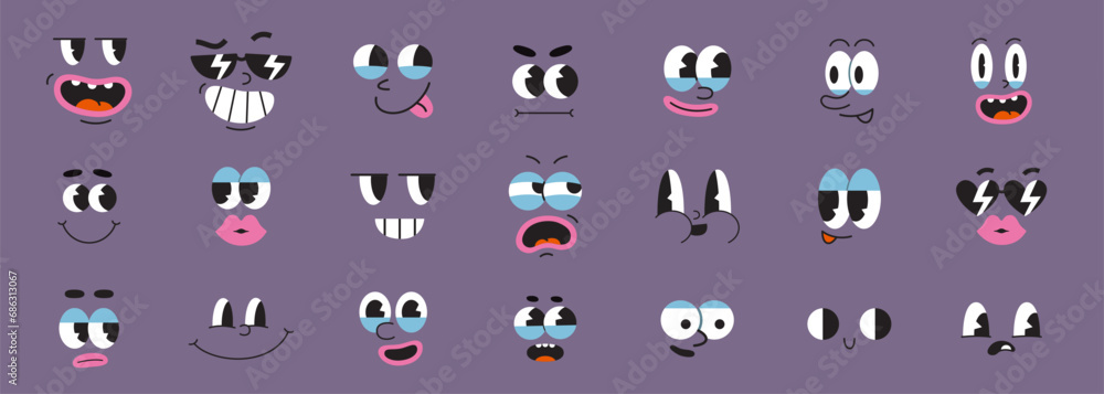 Set of retro cartoon faces, groovy comic characters facial expressions, old animation. Different emotions like happy, sad, angry, wonder. Trendy modern vector illustration, hand drawn, flat design Set of retro cartoon faces, groovy comic characters facial expressions, old animation. Different emotions like happy, sad, angry, wonder. Trendy modern vector illustration, hand drawn, flat design