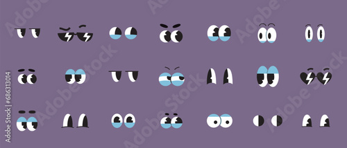 Set of retro cartoon eyes, groovy comic characters different gaze expressions, old animation. Emotions like happy, sad, angry, wonder. Trendy modern vector illustration, hand drawn, flat design
