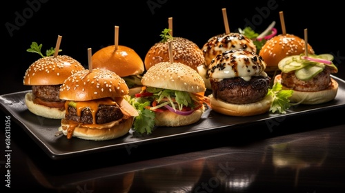 A tray of mini sliders, each one topped with a different gourmet sauce and garnish.