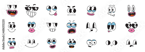 Set of retro cartoon faces with outline, groovy comic characters facial expressions. Emotions like happy, sad, angry, wonder. Trendy modern vector illustration isolated on white, hand drawn, flat