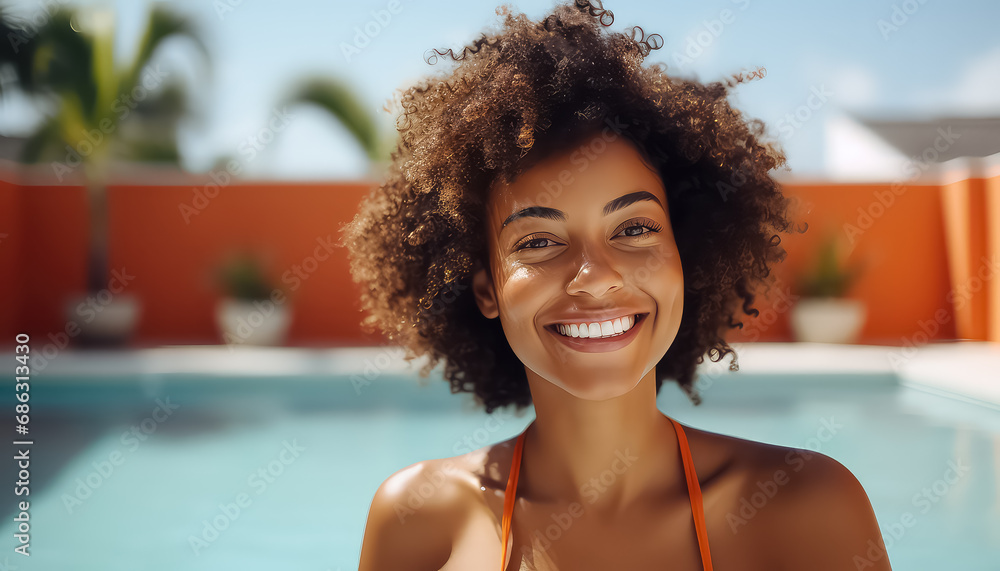 Black woman with afro curls in orange bikini by the pool use spf and smile