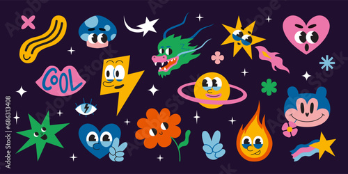 Set of various comic groovy characters such as heart, flower and stars in space, cartoon style. 70s funny cute retro stickers collection. Trendy modern vector illustration, hand drawn, flat design