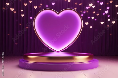 Pedestal for display of Valentine's Day product for showcase. Podium platform stand and hearts. Aesthetic display of beauty products.