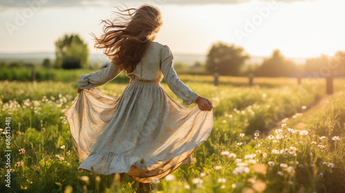 Pretty young woman walking in a country road at evening, spring flower meadow fields, casual dressed girl enjoying the nature, Portrait photo