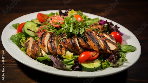 A vibrant green salad with fresh vegetables, grilled chicken, and balsamic vinaigrette.