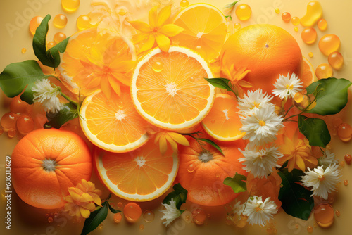 Flat lay orange slices and flowers on a light background
