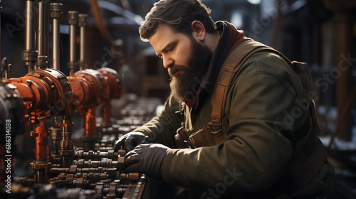 Bearded worker focused on machine parts.