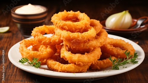 Crispy onion rings piled high on a plate, served with a zesty dipping sauce.