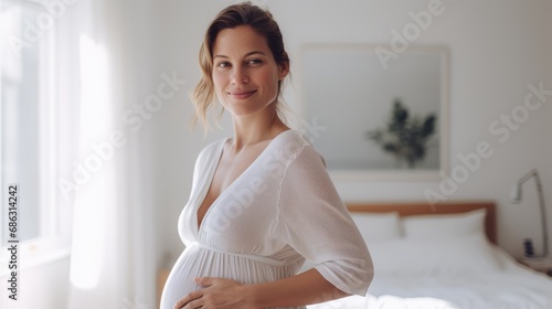 Pregnant afro american woman gripping her stomach and holding hands photo