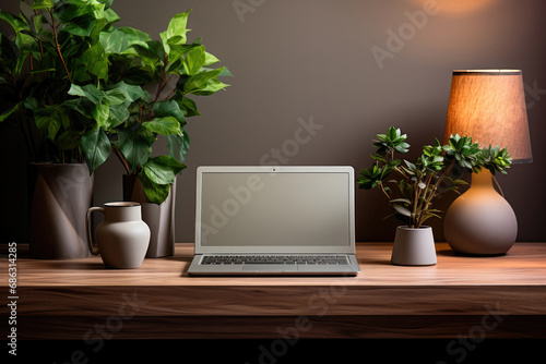 Computer laptop with blank display and houseplant on wood table © Sunshine
