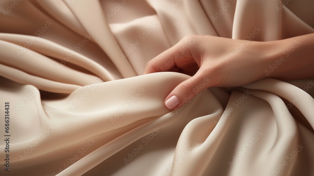 Obraz premium woman hand touching beige silky cashmere fabric closeup.