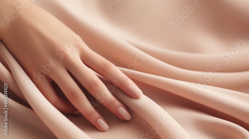 woman hand touching beige silky cashmere fabric closeup. photo