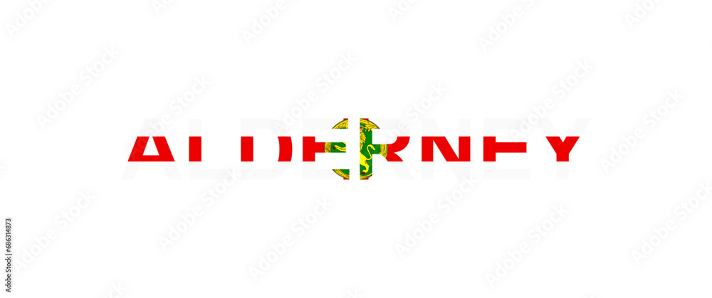Letters Alderney in the style of the country flag. Alderney word in national flag style. Letters Alderney in the style of the country flag. Alderney word in national flag style.