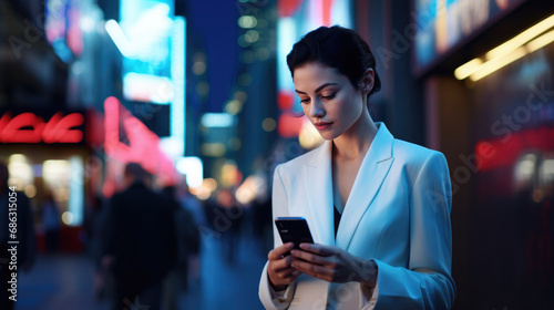 Woman in business attire is focused on her smartphone, illuminated by the blue light of the device, with the blurred lights of a night city in the background