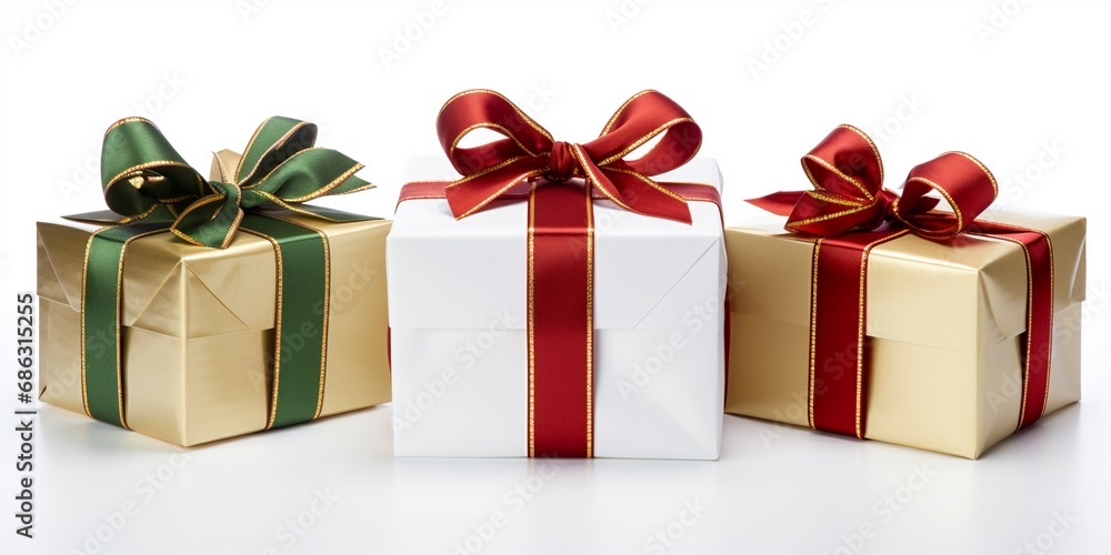 Obraz premium Collection of gift boxes decorated and wrapped with silky ribbon and bow isolated on white background, many gift boxes, gift boxes piles for Christmas, birthday, new year celebration, copy space.
