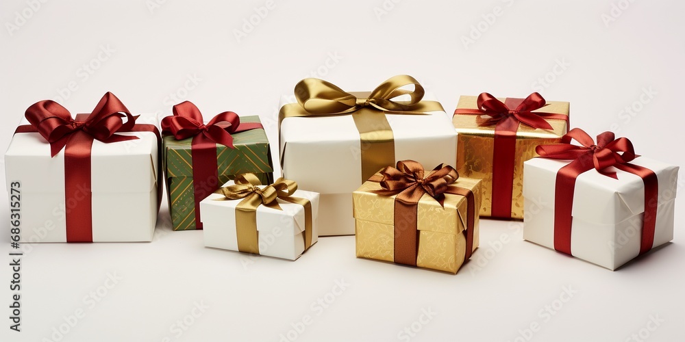 Obraz premium Collection of gift boxes decorated and wrapped with silky ribbon and bow isolated on white background, many gift boxes, gift boxes piles for Christmas, birthday, new year celebration, copy space.