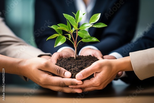 Business hands holding green plants together are the symbol of green business company photo