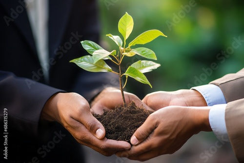 Business hands holding green plants together are the symbol of green business company