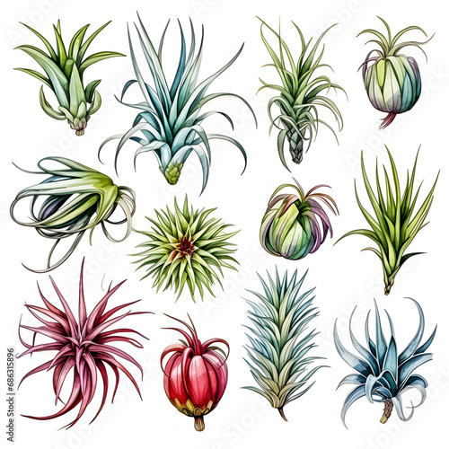 Set of Air plant tillandsia botanical illustration isolated on white background