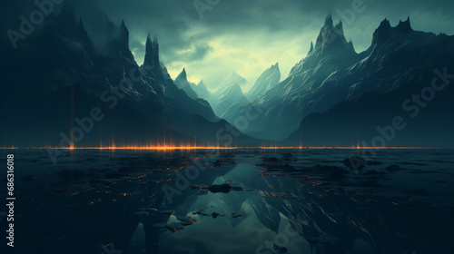 Dark moody landscape captures jagged mountains behind a still reflective lake under a cloudy diffused light with a line of orange lights extending into the distance. photo