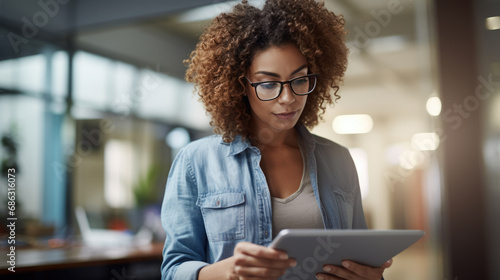 Businesswoman stands in an office with a tablet in her hands.