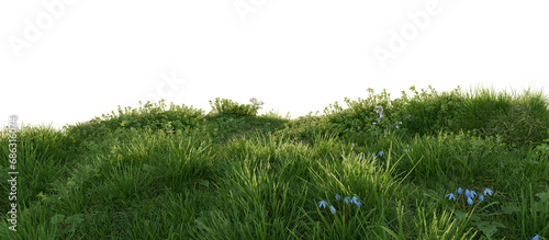 Idyllic Countryside Landscape with Rolling Hills and Wildflowers. 3D render.