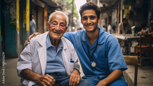 Compromiso y Ética: Doctor Latino con paciendte adulto mayor bata medica en hospital photo