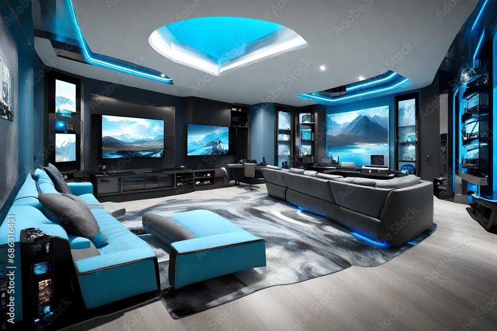 Luxury sky blue and grey gaming room  - obrazy, fototapety, plakaty 