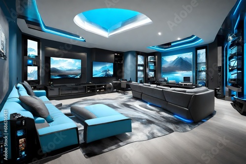 Luxury sky blue and grey gaming room © Zafar