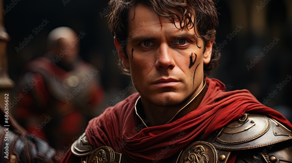 Portrait of Julius Caesar in roman military uniform.