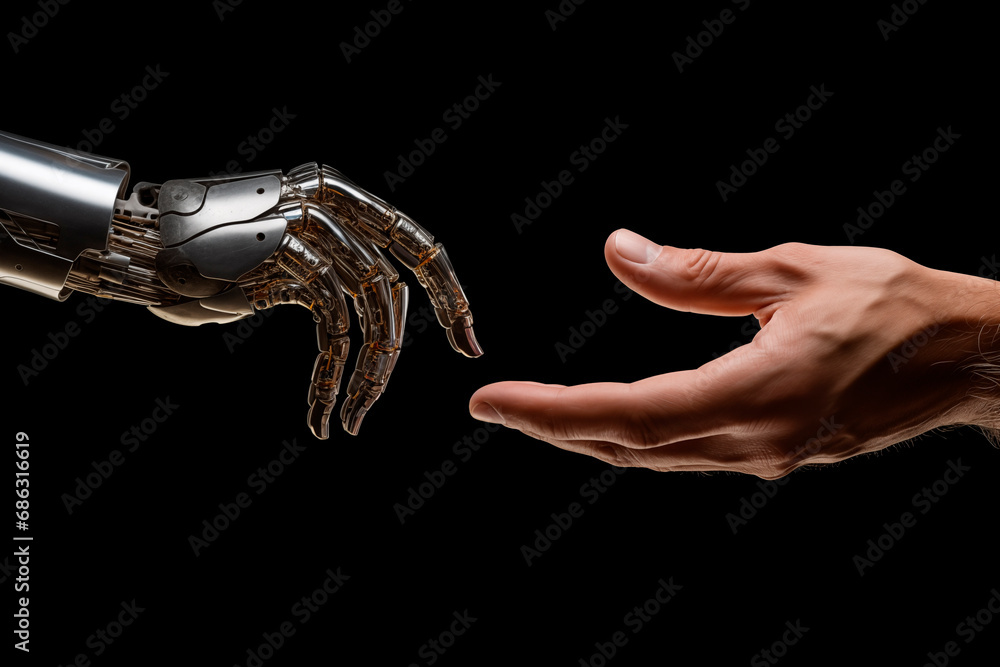 Encounter between a robotic and human hand, evoking the symbiosis between advanced technology and humanity.