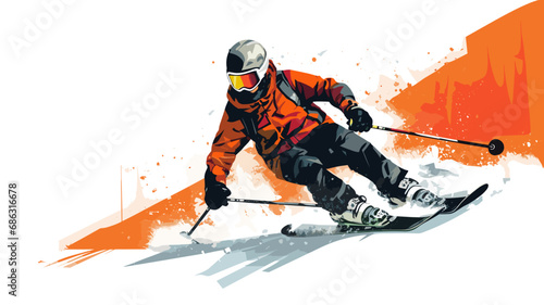 copy space, simple vector illustration, simple colors, Snowboarding, jumping snowboarder in snowy mountains background, Man with snowboard flat style. Winter sport concept. Advertisement for ski vacat photo