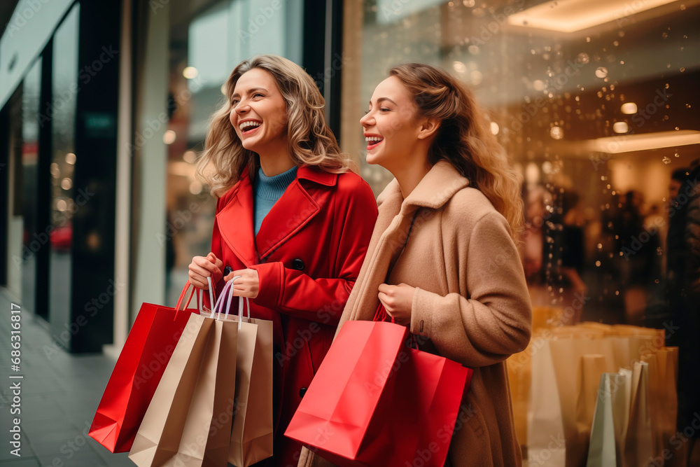 Friends enjoying a shopping day in the city, carrying colorful bags and wearing stylish coats. Friends enjoying a shopping day in the city, carrying colorful bags and wearing stylish coats.