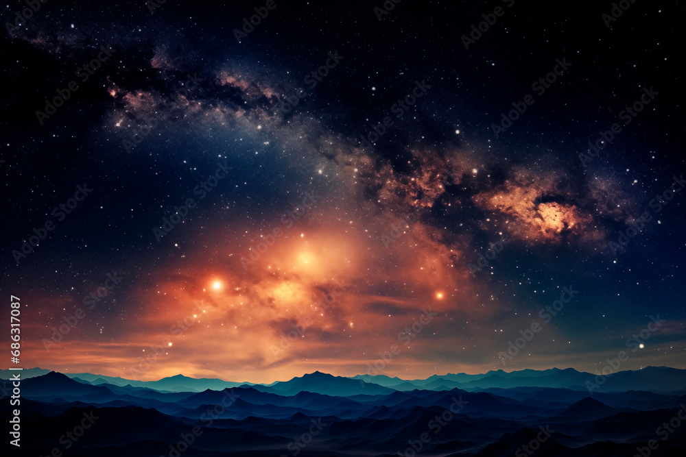 Milky Way galaxy above mountains, with orange and blue hues creating a cosmic scene.