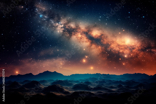 A breathtaking cosmos view with stars and nebulae illuminating the night sky above shadowy mountains.