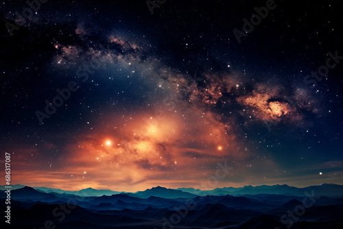 Milky Way galaxy above mountains, with orange and blue hues creating a cosmic scene.