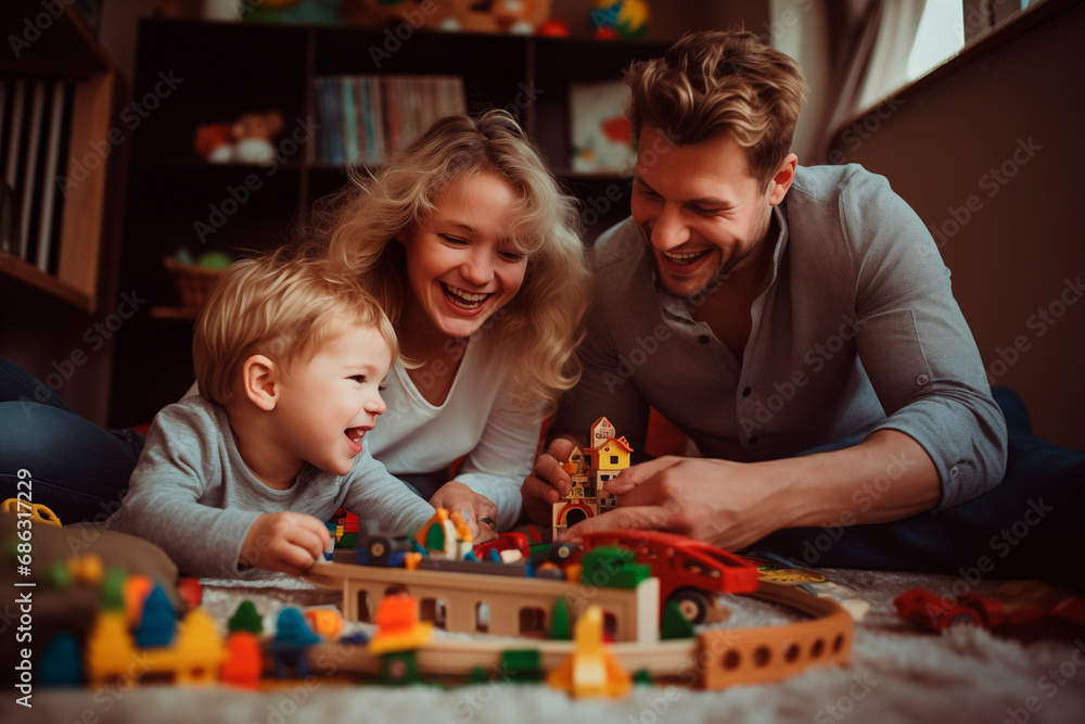 Father and daughters smiling and enjoying an educational playtime with wooden toys together. - obrazy, fototapety, plakaty 