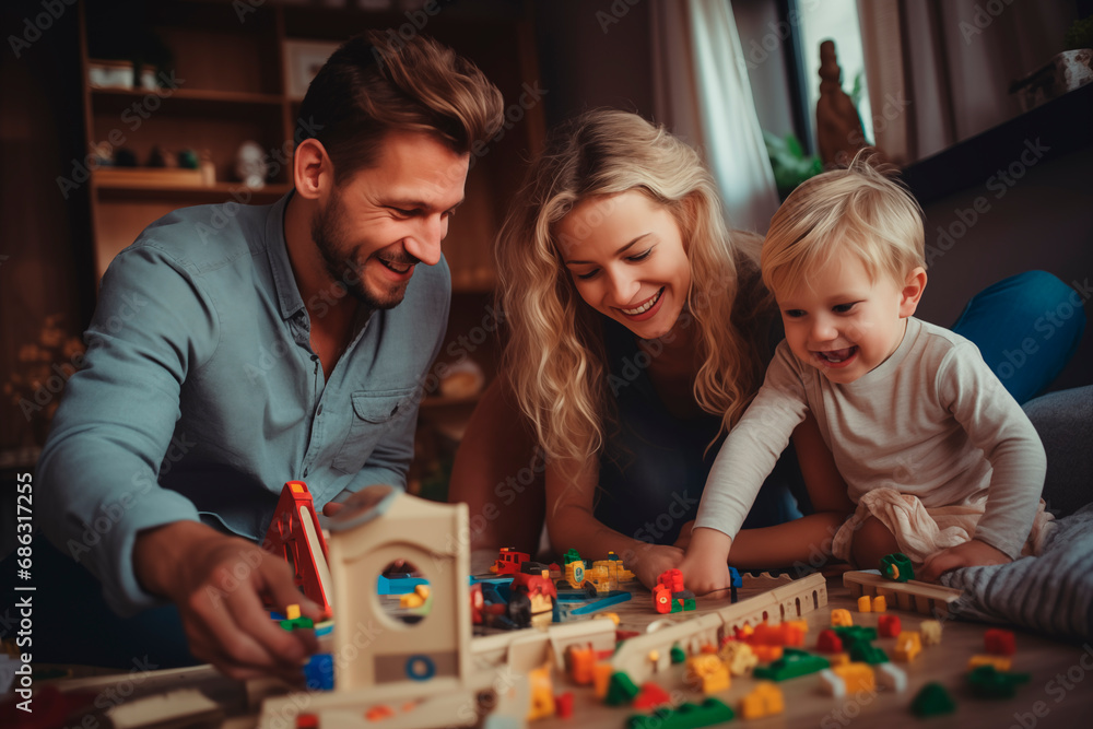 Fototapeta premium Father and daughters smiling and enjoying an educational playtime with wooden toys together.
