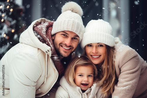 Smiling family hugging on a snowy day, dressed in winter clothing and hats.