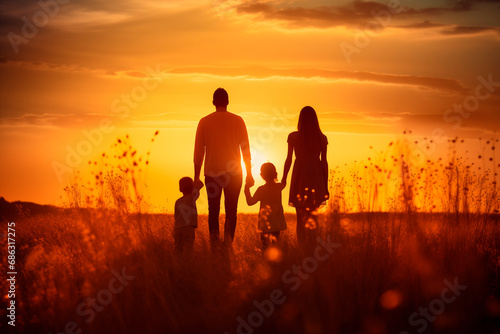 Family walking together in the countryside, with silhouettes set against a golden sunset.