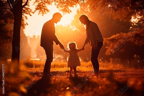 Silhouettes of a family holding hands during a sunset walk, bathed in golden light.