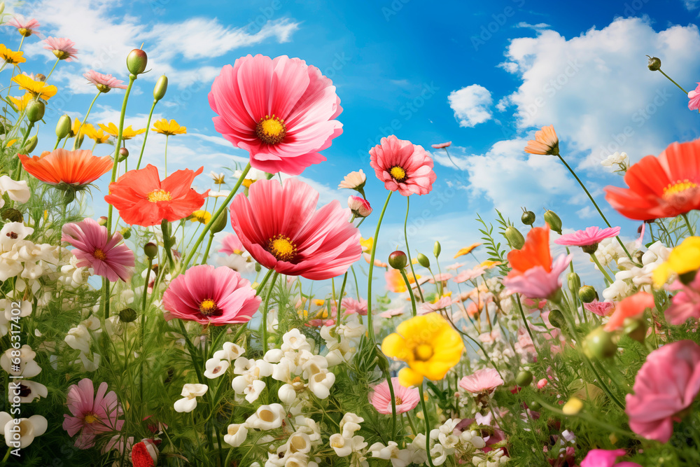 Field of poppies and wildflowers under a blue sky with fluffy clouds, essence of spring.