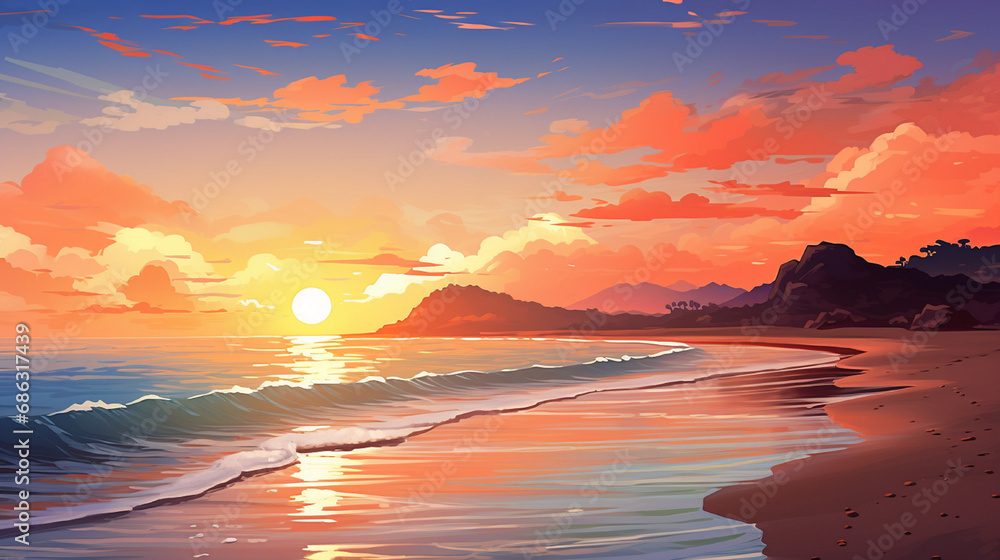 A tranquil beach at sunset with red sky