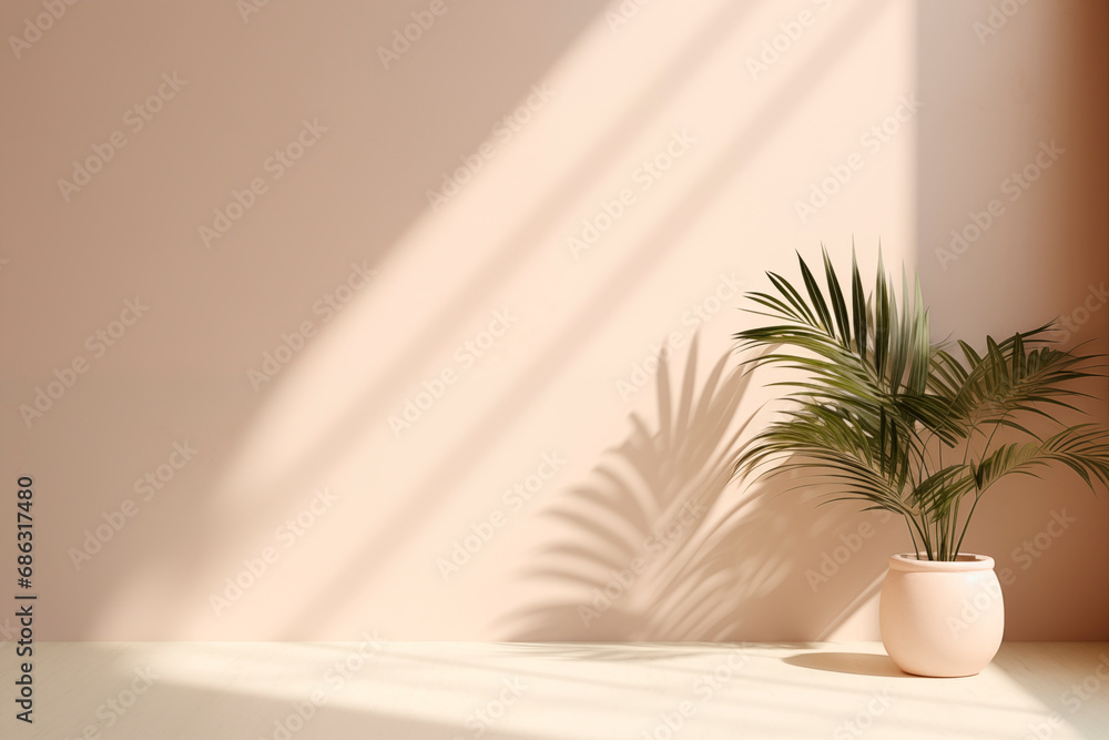 An indoor plant in a pot casts a playful shadow under soft natural light. An indoor plant in a pot casts a playful shadow under soft natural light.