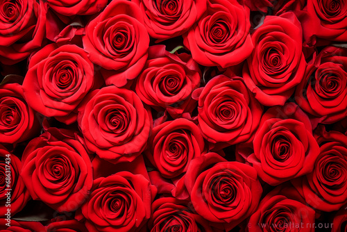 Dense pattern of red roses, symbolizing love and passion with their vibrant texture.