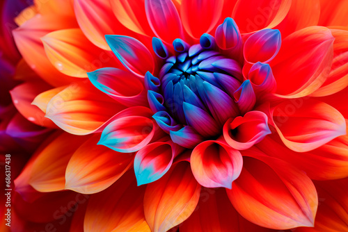 Macro of a dahlia with vibrant petals from red to blue, artistic and saturated detail. © EricMiguel